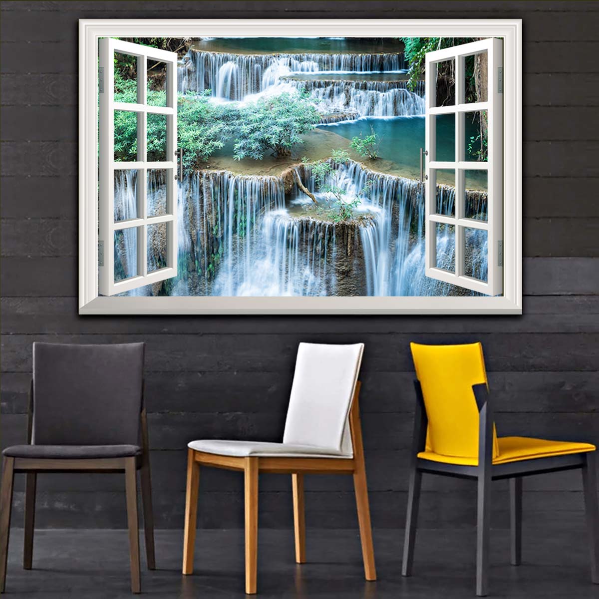 Bức tranh dán tường cửa sổ THÁC NƯỚC in giấy ảnh với 2 lựa chọn bề mặt cán PVC gương hoặc cán bóng, mã số: 00402196L11