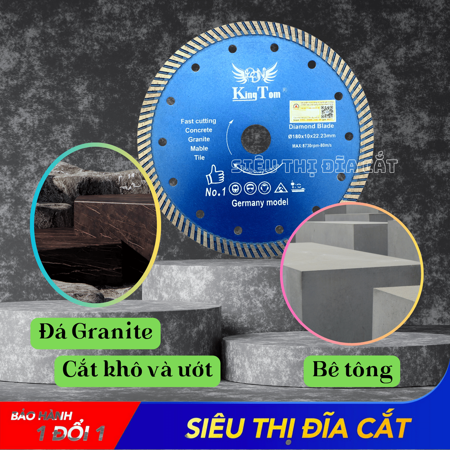 Lưỡi Cắt Gạch Đa Năng 180mm KingTom - Chuyên Cắt Đá Cứng, Đá Hoa Cương, Granite