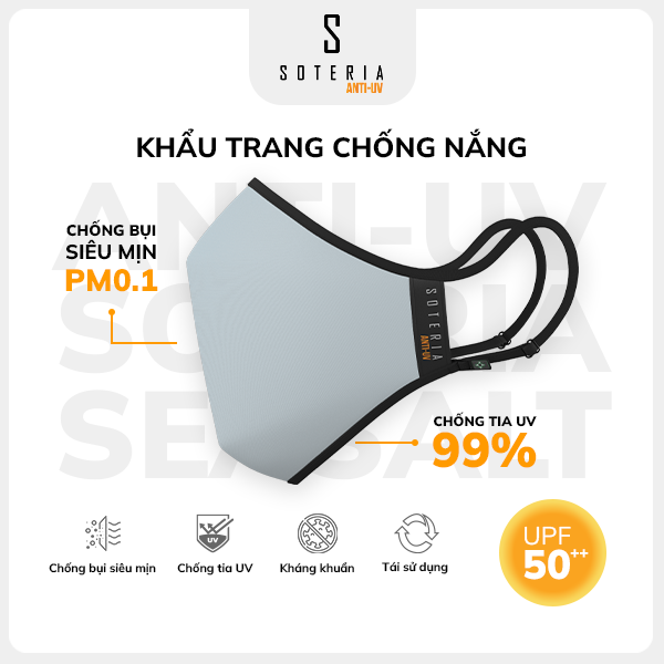 Khẩu trang chống nắng Anti UV Soteria đạt chuẩn UPF 50, chống khuẩn chống bụi siêu mịn 0.1 micro – Size S,M,L  – Sea Salt – Size L