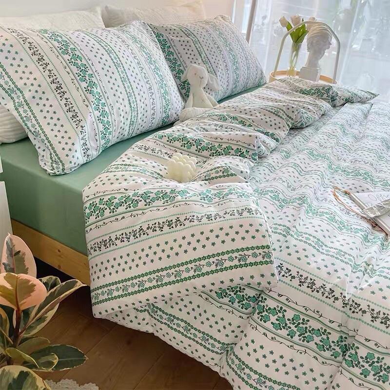 Bộ Chăn Ga Gối Cotton Living 100%Cotton Hàng Nhập Khẩu Cao Cấp 4 Món Hoa Dây Trắng Vintage