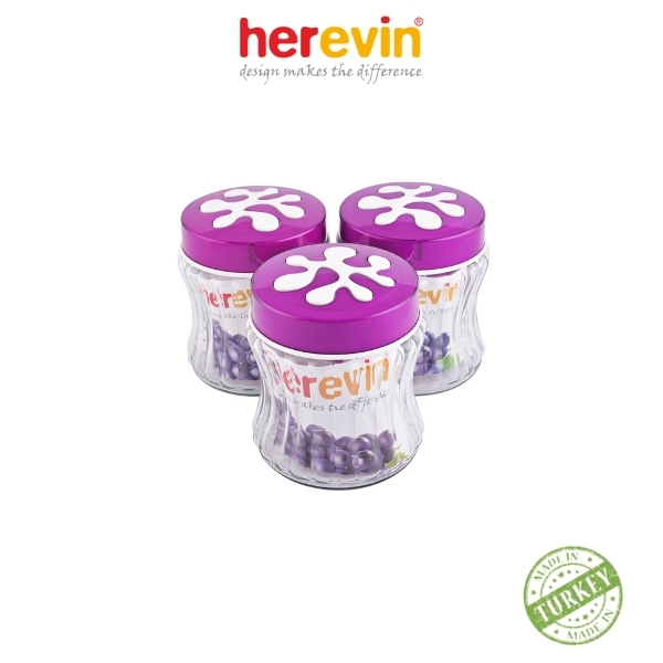 Bộ 3 Hũ Thủy Tinh Herevin Tròn Sọc Nắp Decor 1L - HEHU135901-804