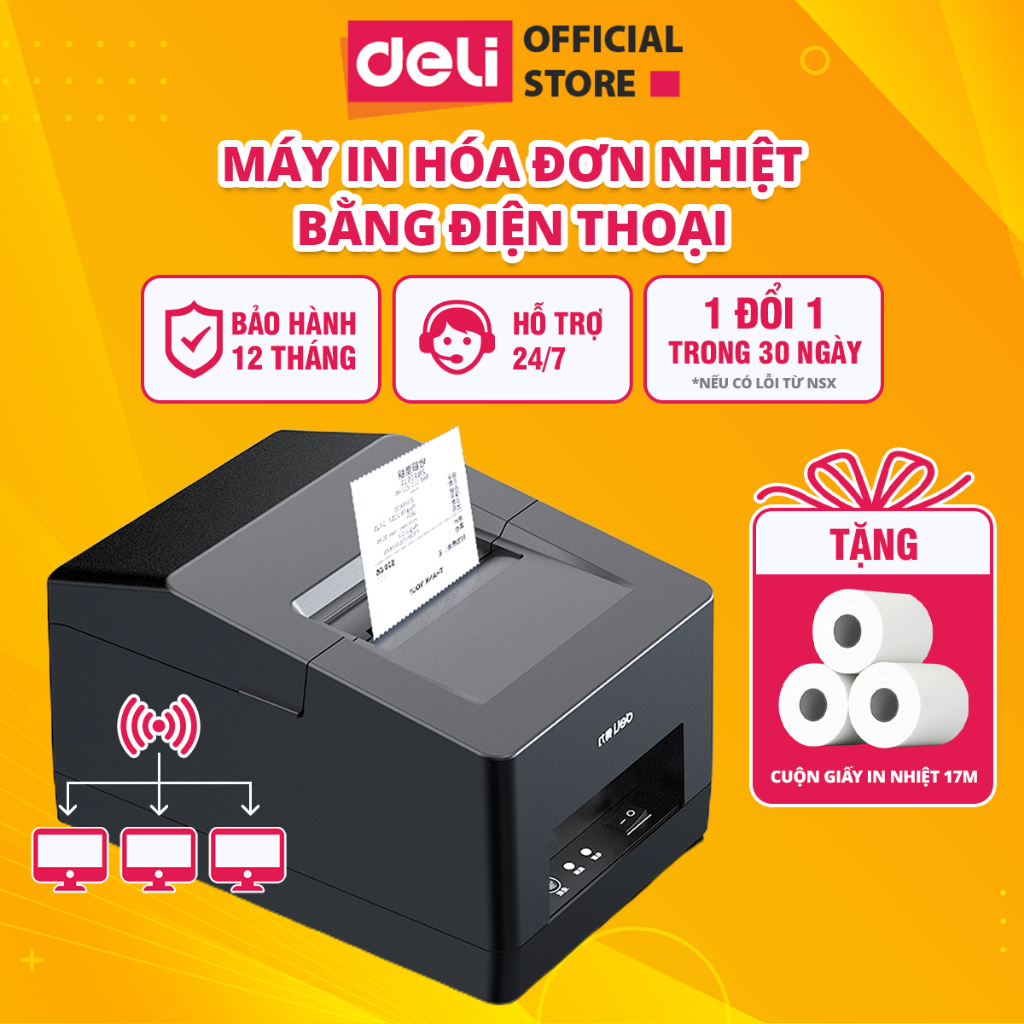 Máy In Hóa Đơn Nhiệt Deli Hàng Chính Hãng Size Giấy K57 - In Phiếu Bán Hàng, Bill, Hóa Đơn Thanh Toán Cho Quán Cà Phê Quán Ăn