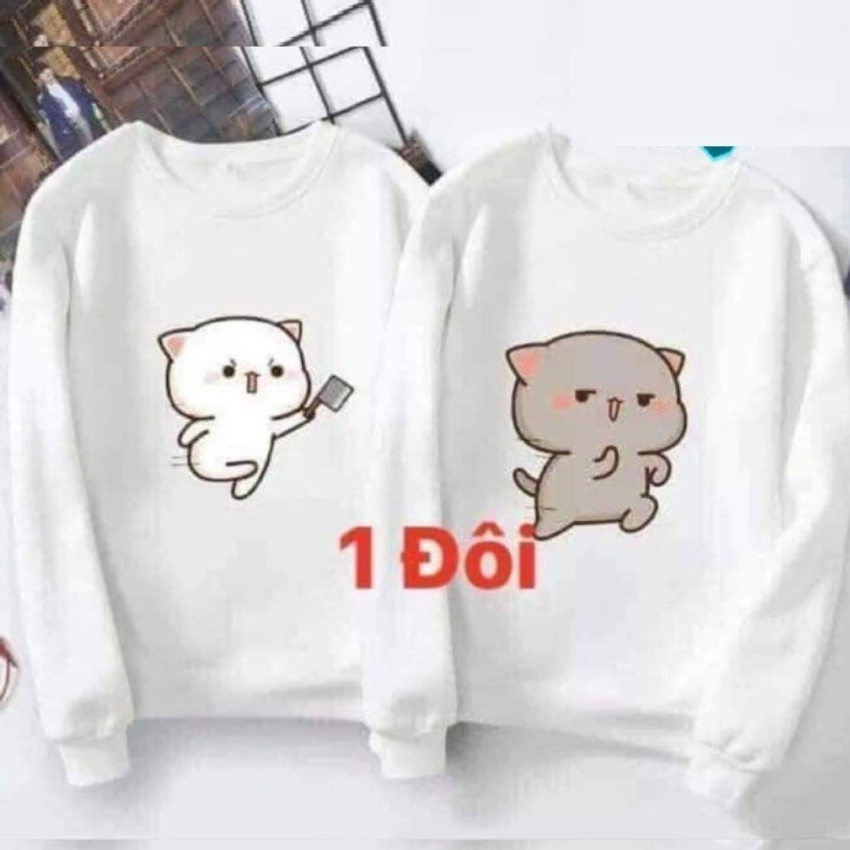 Áo Đôi Sweater Nam Nữ MM10, Áo Đôi Sweater In Mèo Chém ý Nghĩa, Vải Nỉ Bông In Hình Dễ Thương