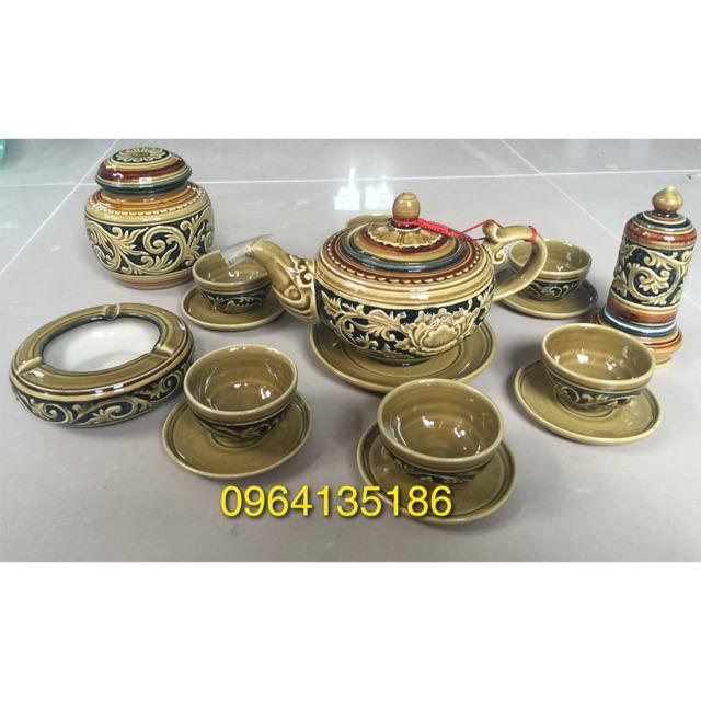 Set bộ ấm chén khắc nổi hoa phù dung gốm sứ Bát Tràng