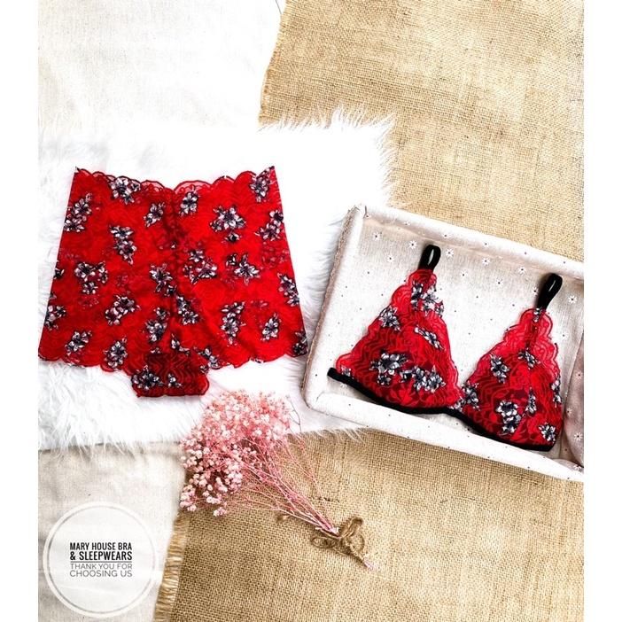 SET BRALETTE REN MÚT NGỰC HOA ĐỎ TƯƠI