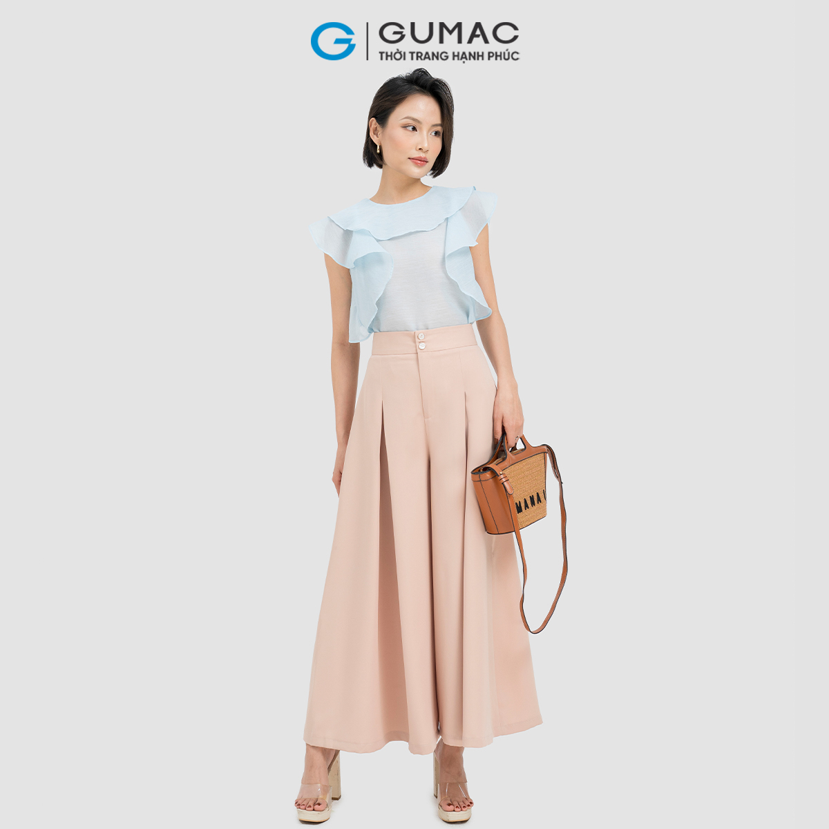 Quần dài nữ ống rộng phối ly thanh lịch tôn dáng thời trang GUMAC QD04025