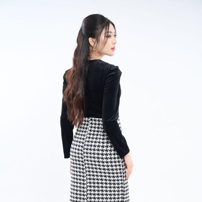 Đầm nữ thiết kế váy công sở nhung liền phối dạ len houndstooth MIUSTORE D00250