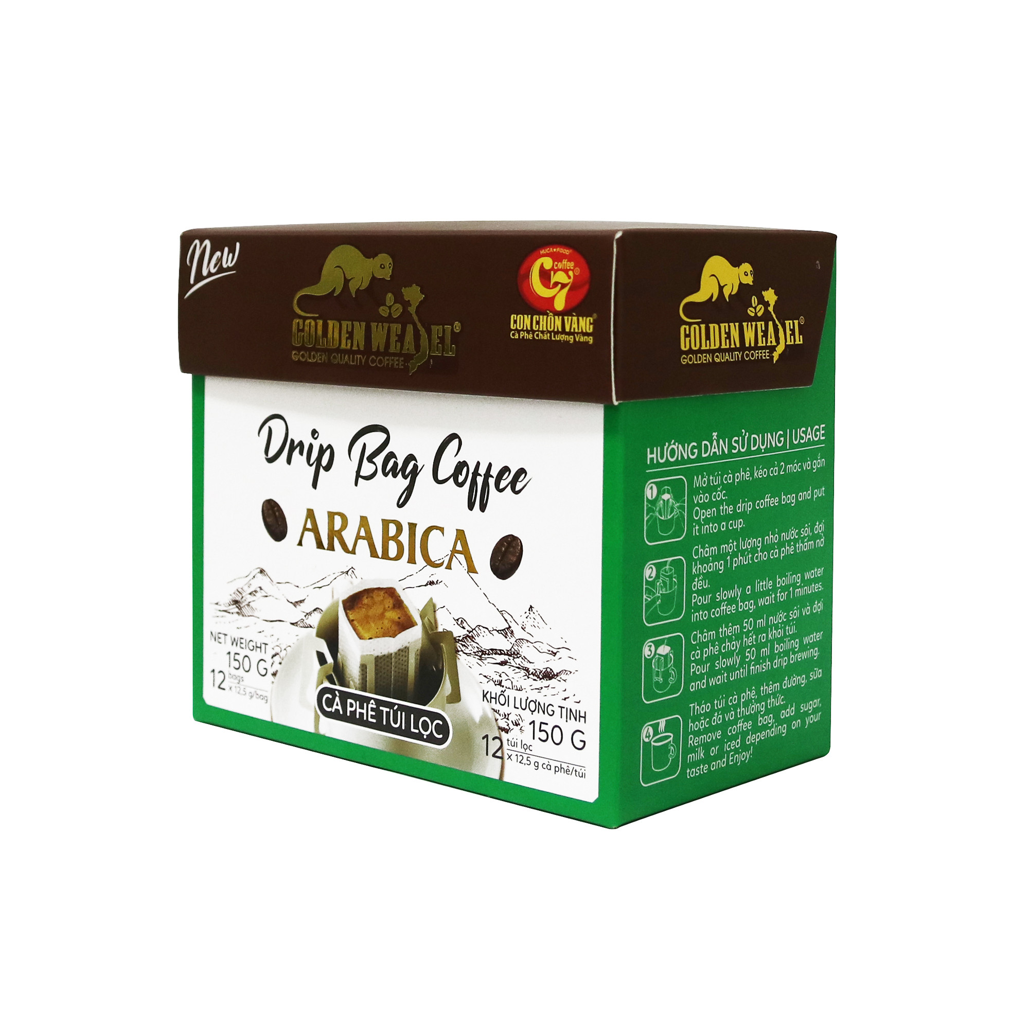 Cà Phê Túi Lọc Arabica Nguyên Chất 100% Con Chồn Vàng Hộp 150Gr - Huca Food