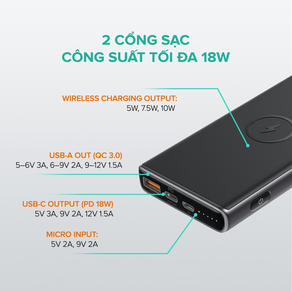 Combo Pin Sạc Dự Phòng AUKEY PB-Y32 PD 10.000 mAh, Sạc Không Dây Chuẩn Qi 10W + Cốc Sạc Nhanh Power Dilivery PA-F1S 20W - Hàng Chính Hãng