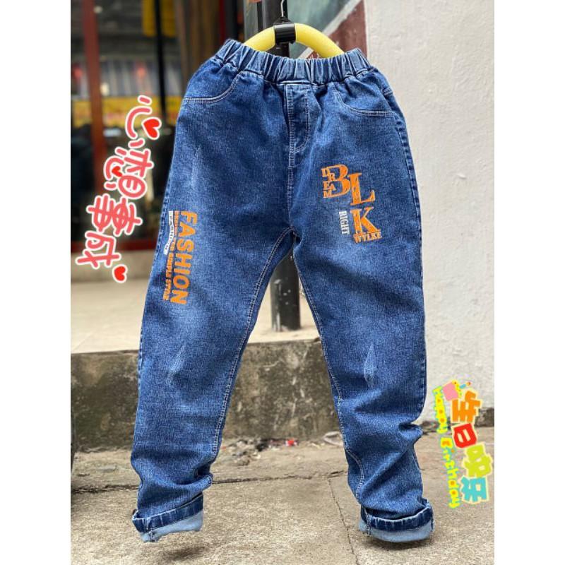 Quần bò lưng thun in họa tuêts size đại bé trai 35-45kg