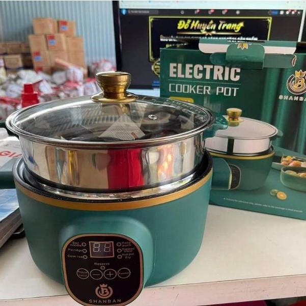 Nồi Lẩu Điện Đa Năng Chống Dính Shanban 24cm Kèm Giá Hấp Inox, Nồi Cơm Điện, Chiên Sào, Nấu Canh
