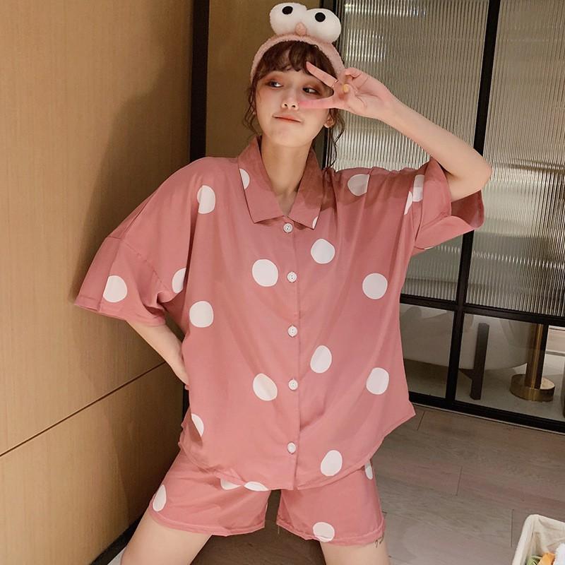 Pijama Nữ - Đồ Bộ Mặc Nhà Cộc Cánh Dơi Vải Mát Màu Hồng Và Vàng Họa Tiết Chấm Bi CCCP14