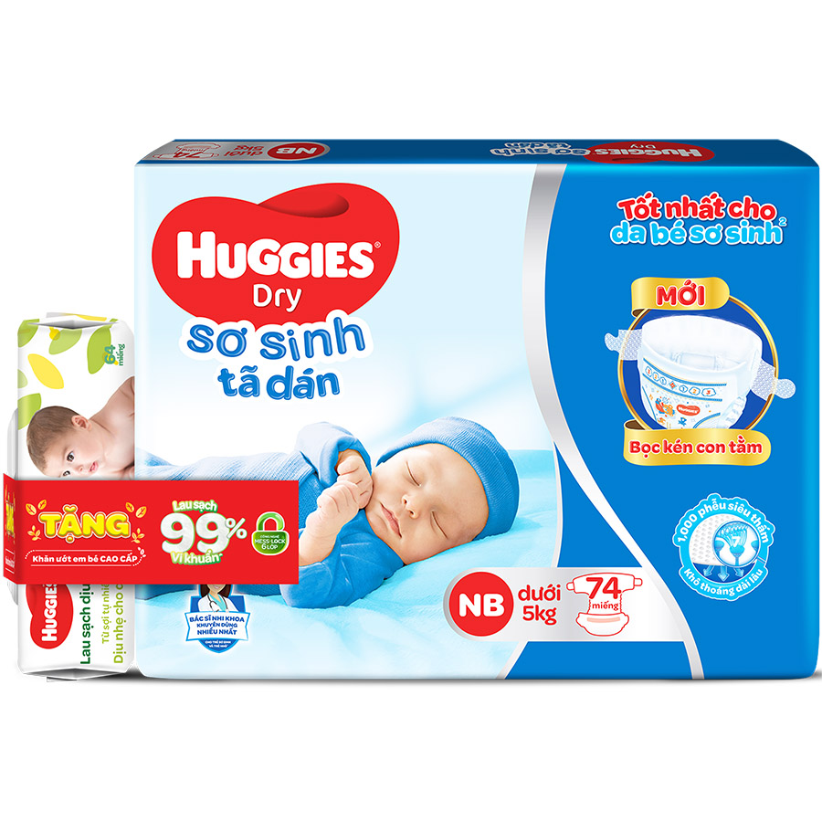 Tã Dán Sơ Sinh Huggies NB74 (74 Miếng) - Tặng Gói Khăn Ướt Huggies 64 Miếng