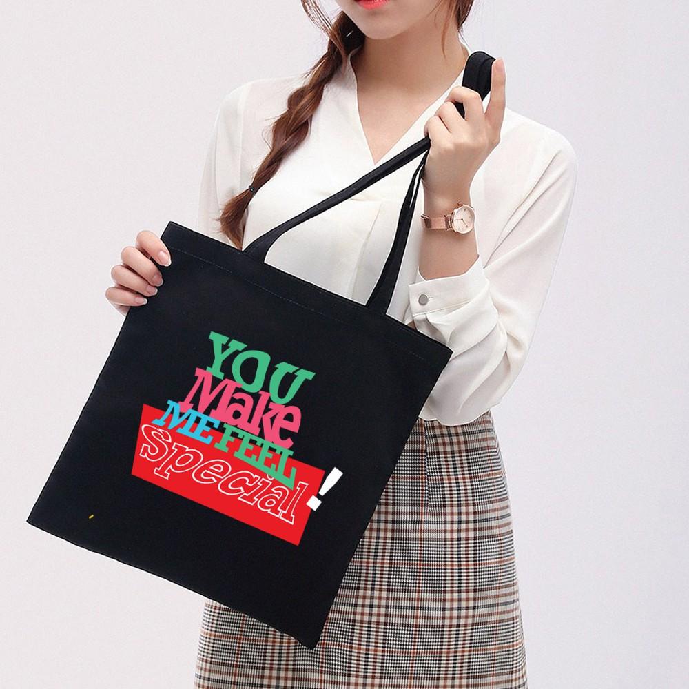 Túi Tote Vải Canvas Ginko kiểu basic có dây kéo khóa miệng túi đựng vừa laptop 14 inch và nhiều đồ dùng khác Phong Cách ulzzang Hàn Quốc In Hình You Make me Special B38
