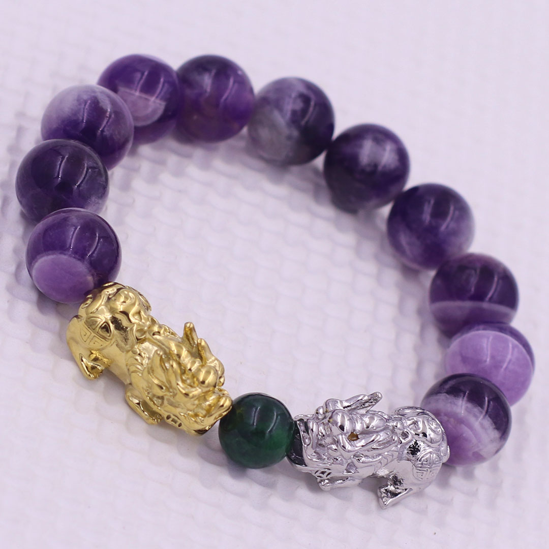 Vòng chuỗi đeo tay đa thạch anh tím than 12 ly charm tỳ hưu đôi inox trắng và vàng, vòng chuỗi phong thủy, charm tỳ hưu, vòng tay hạt chuỗi