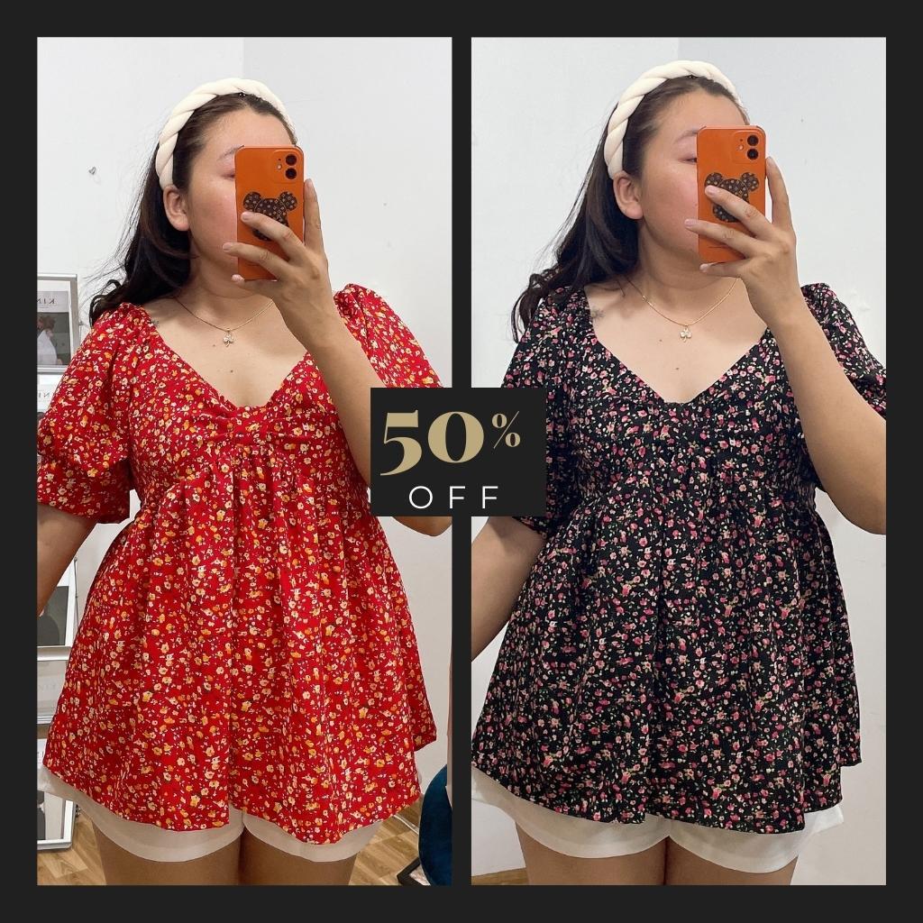 Áo babydoll bigsize nữ hoạ tiết hoa có chun sau 60-80kg AH1