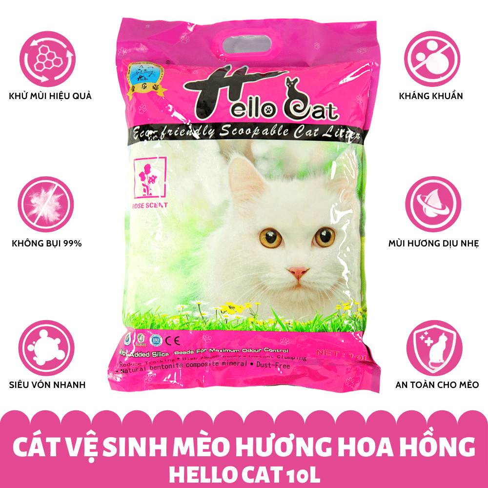 Cát Vệ Sinh Thái Lan Dành Cho Mèo Hương Hoa Hồng Không Bụi Vón Nhanh Mùi Hương Dịu Nhẹ Dễ Chịu Hello Cat Rose Bentonite Sand (10L/7KG) - TẶNG 1 Lon Pate Hello Cat Pate Mùi Ngẫu Nhiên 190G