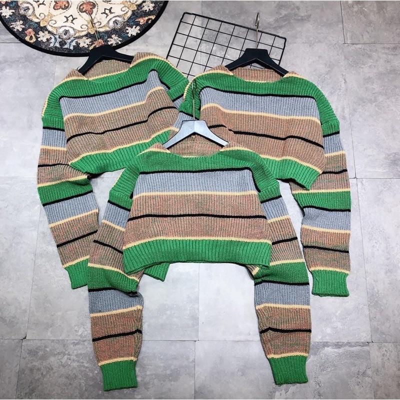 Áo len nữ dài tay kẻ xanh croptop hót hít