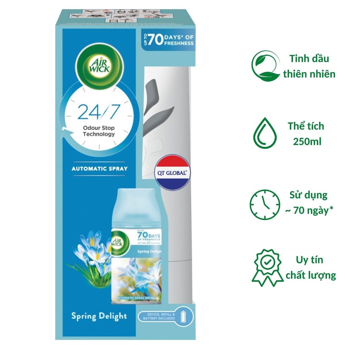 Bộ xịt thơm phòng tự động Air Wick Spring Delight 250ml QT00250 - hoa nghệ tây