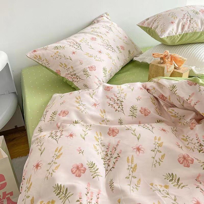 Bộ Chăn Ga Gối Cotton Living Hàng Nhập Khẩu Cao Cấp 4 Món Hoa Xinh Xanh Mát