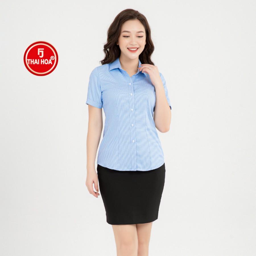 Áo sơ mi nữ Thái Hòa N65-15-01 vải cotton thoáng mát màu kẻ xanh dương đậm