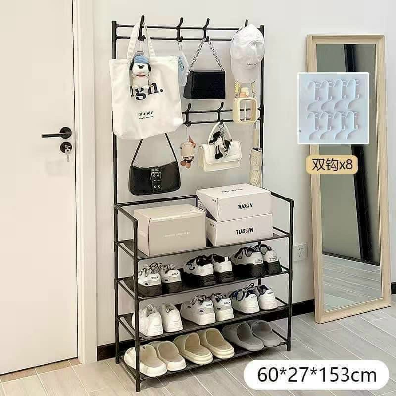 GIÁ KỆ CHỮ L TREO QUẦN ÁO, TÚI XÁCH, BÊN DƯỚI THIẾT KẾ 4 TẦNG ĐỂ GIÀY DÉP, ĐỒ DÙNG TRONG NHÀ, CHẤT LIỆU KHUNG BẰNG SẮT SƠN TĨNH ĐIỆN SIÊU BỀN, CHỊU LỰC TỐT, THIẾT KẾ LẮP RÁP DỄ DÀNG