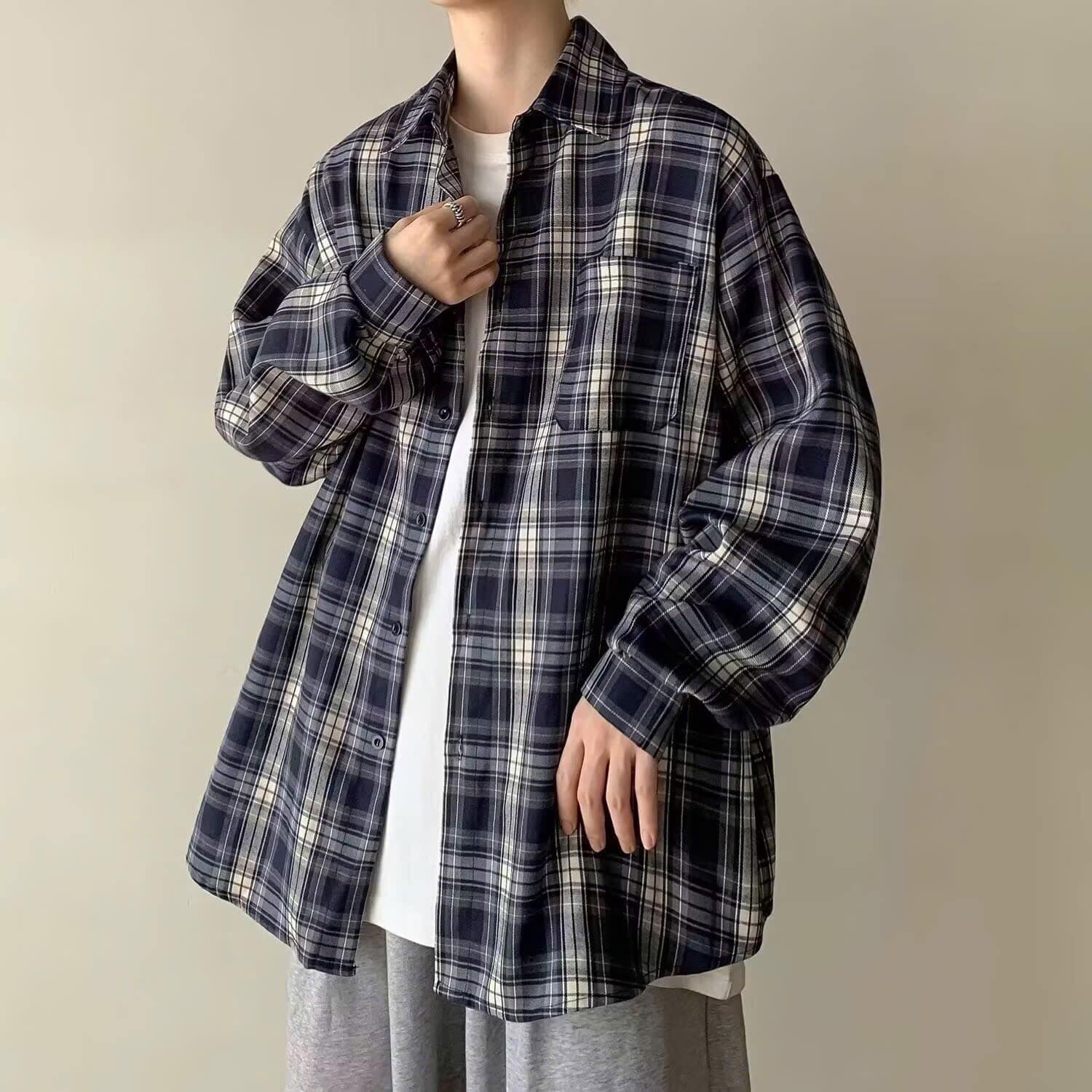 Áo sơ mi nữ khoác ngoài form rộng unisex - Áo sơ mi sọc xanh đen số 13a