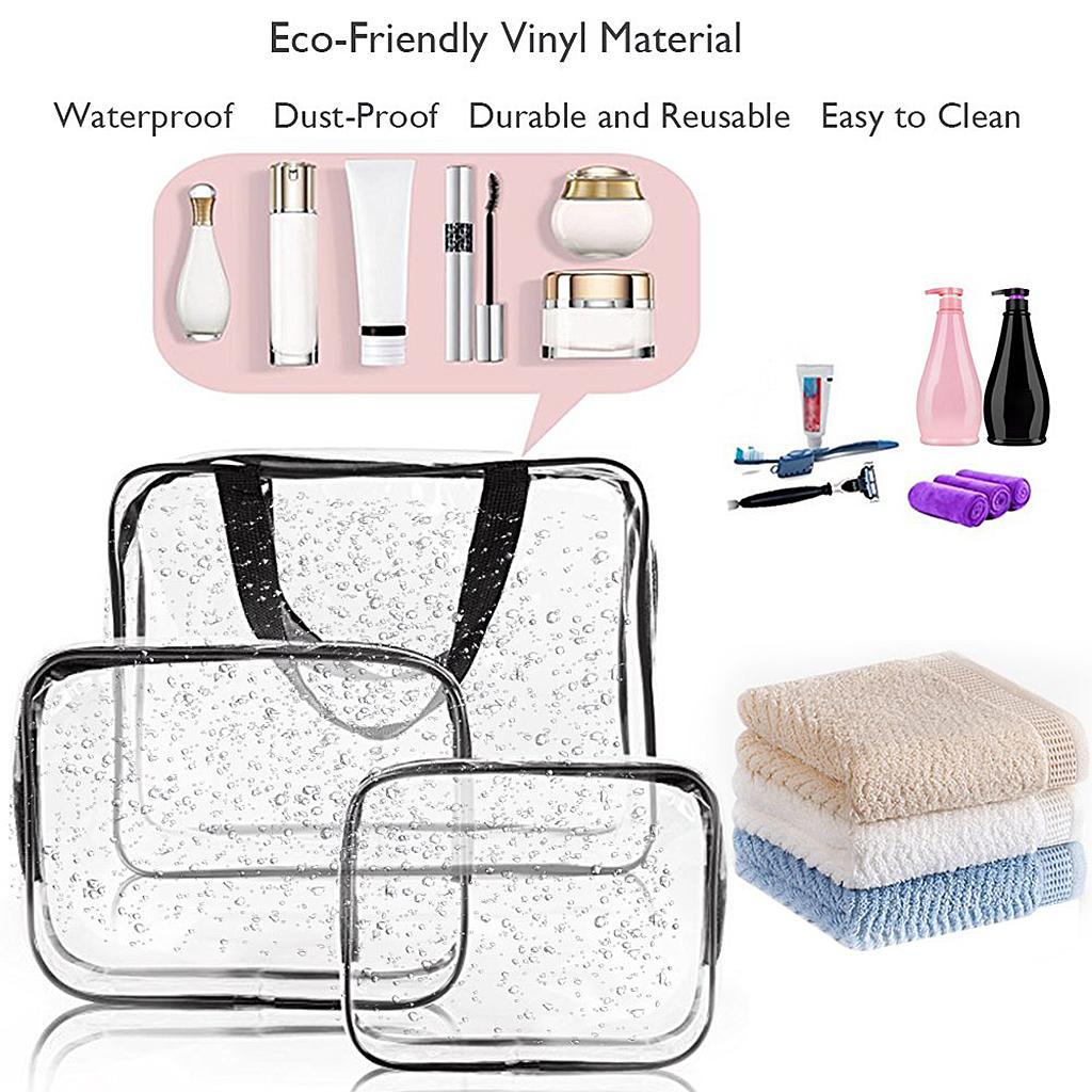 3x Portable Clear Makeup Bag Zipper Waterproof Cosmetics Bag Transparent Travel Storage Carry Pouch PVC Zippered Toiletry Bag Organizers with Handle