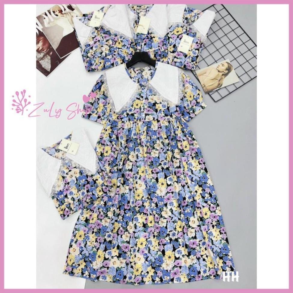 Váy hoa tím cổ trắng dáng xòe