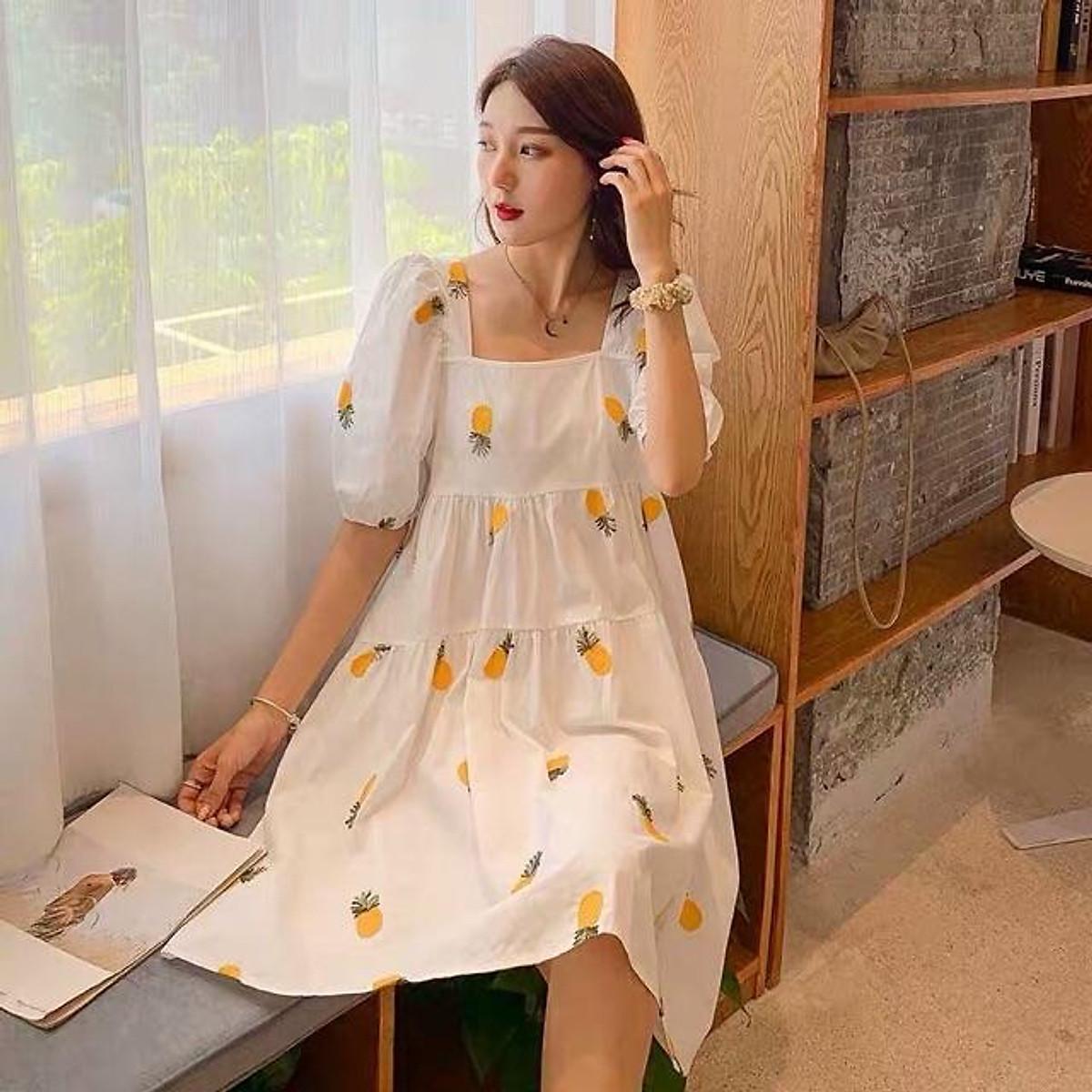 Đầm suông babydoll hoạ tiết trái cây dễ thương - Hoa vàng