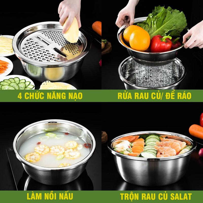 Bộ 3 Món Bào Nạo Rau Củ Kiêm Rổ Và Chậu Inox Cao Cấp Tiện Lợi