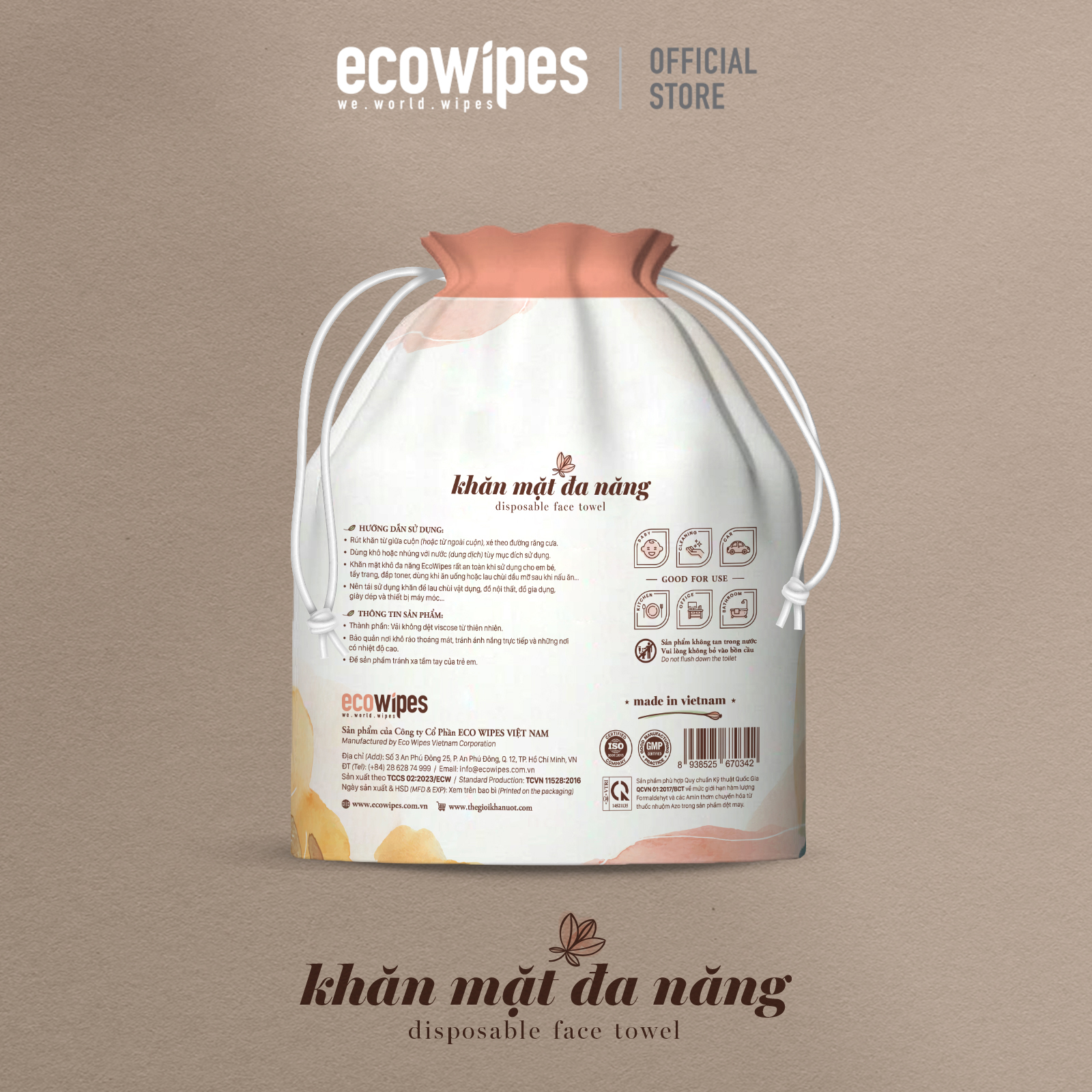 Khăn mặt khô đa năng Ecowipes cuộn 80 tờ size khăn 20x20cm dùng 1 lần lau khô lau ướt giấy lau mặt dùng một lần