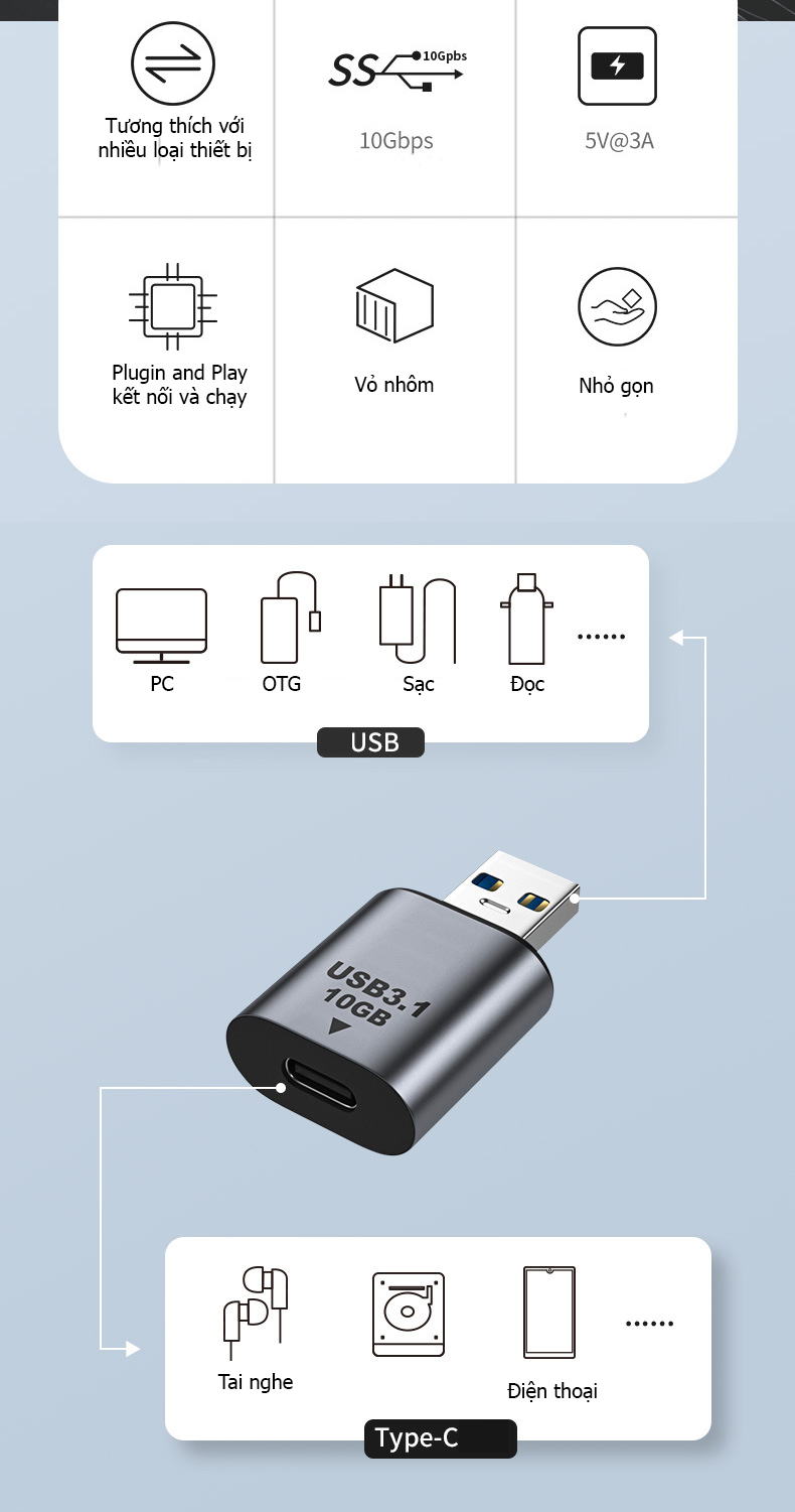 Đầu chuyển usb 3.1 ra usb type-c, và ngược lại type-c ra usb 3.1 hỗ trợ sạc 5v3a và dữ liệu 10Gbps