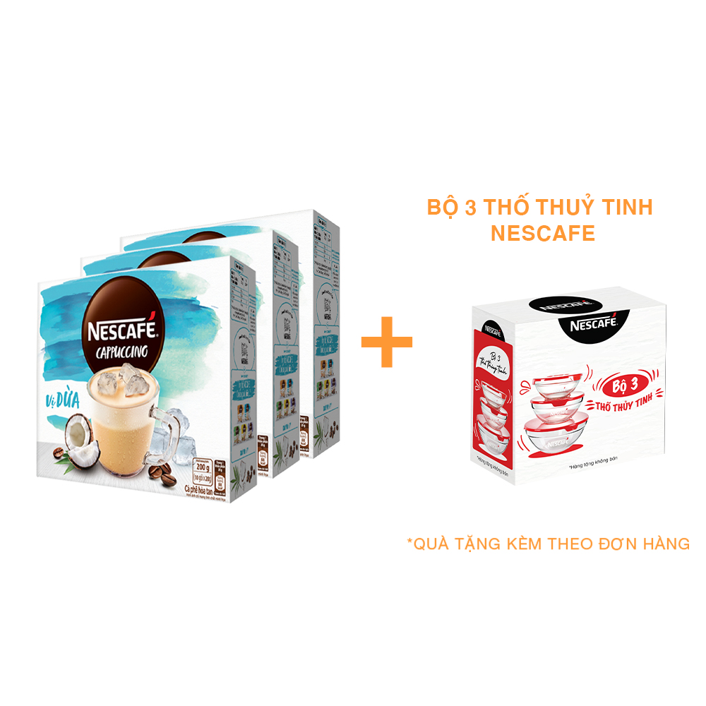 Combo 3 Hộp Cà Phê Hòa Tan Nescafé Cappuccino Vị Dừa (Hộp 10 Gói x 20g) - [Tặng Bộ 3 Thố Thuỷ Tinh Nescafé]