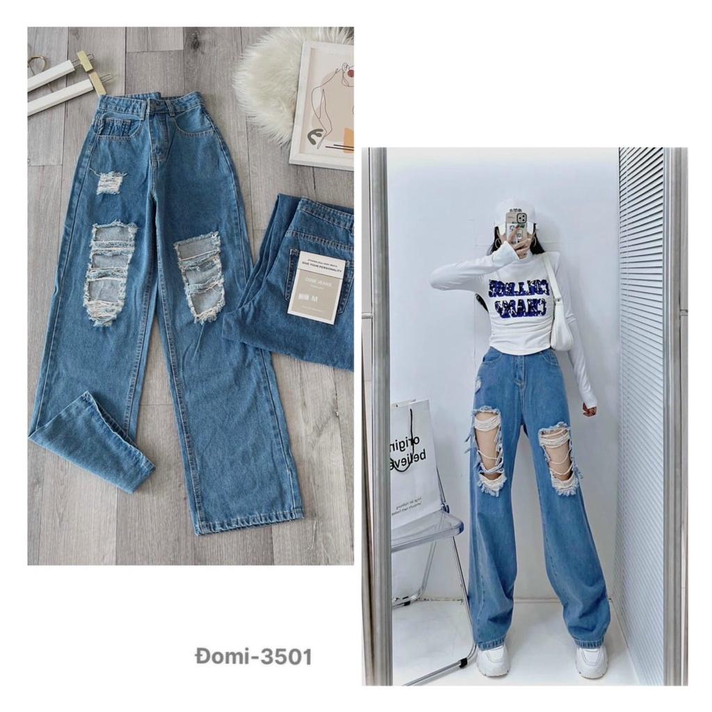 Quần baggy jean ống suông rách gối thời trang