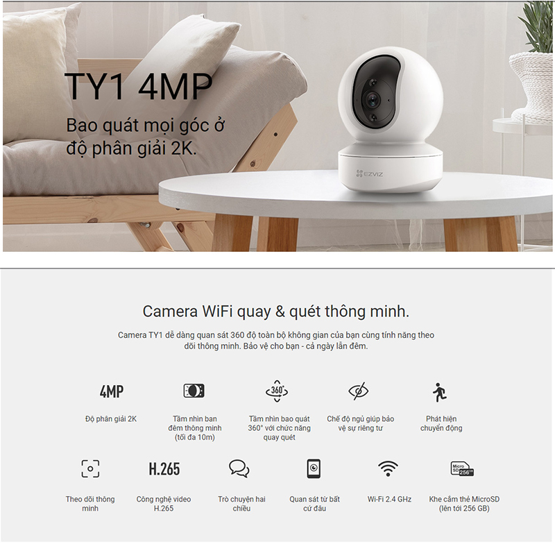 Camera Wi-fi EZVIZ TY1 4MP, Trong Nhà, Quay Quét 360 Độ, Độ Phân Giải 2K, Đàm Thoại Hai Chiều, Phát Hiện Theo Dõi Chuyển Động - Hàng Chính Hãng