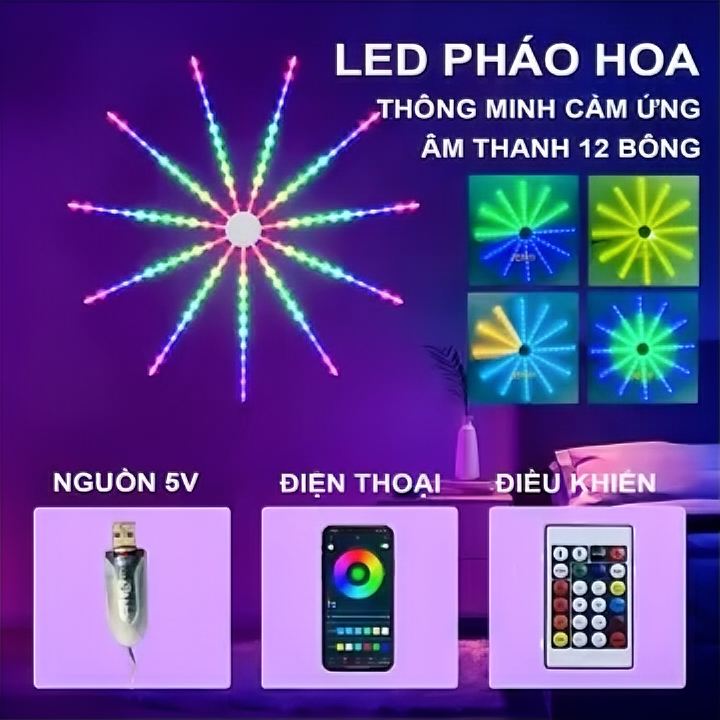 Dây đèn led KGLed Firework hiệu ứng mặt trời tỏa sáng hào quang, cảm ứng nhạc, điều khiển app và remote 180led- Hàng chính hãng