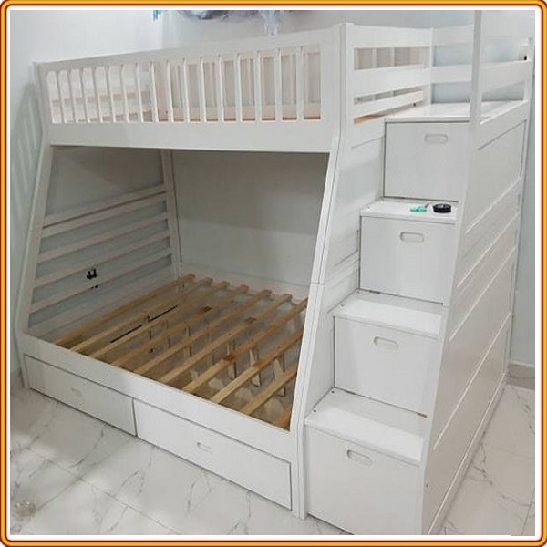 Giường 2 tầng Tundo màu trắng cầu thang treo kèm 2 hộc kéo 1m2