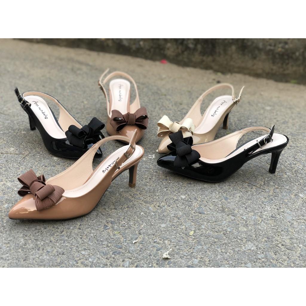 Giày cao gót Anna thời trang mũi nhọn phối dây hở gót nơ bồng cao 5cm-A26KH