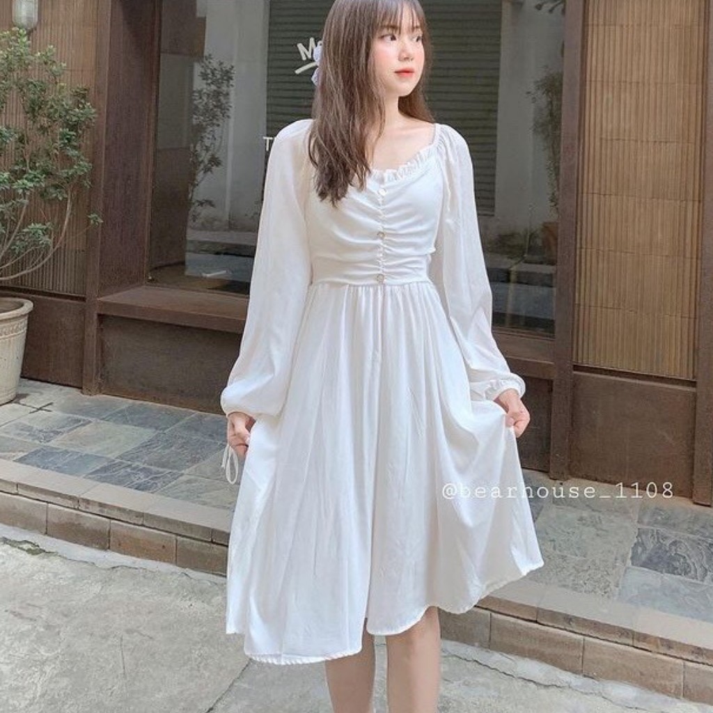 Váy babydoll dáng dài trắng tay bồng 3 khuy ngực, đầm nữ dự tiệc dáng xòe điệu đà
