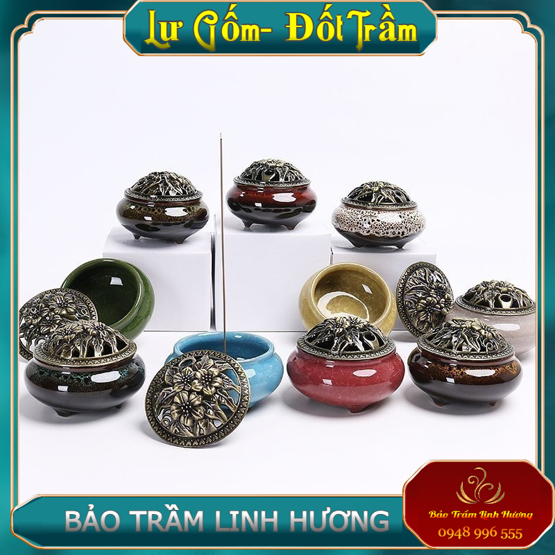 Lư Xông Trầm Hương - Đỉnh Đốt Nhang Bằng Gốm Vân Rạn Cao Cấp Thiết Kế Tinh Xảo Kèm Lót Bông Đế Chống Cháy bao_tram_linh_