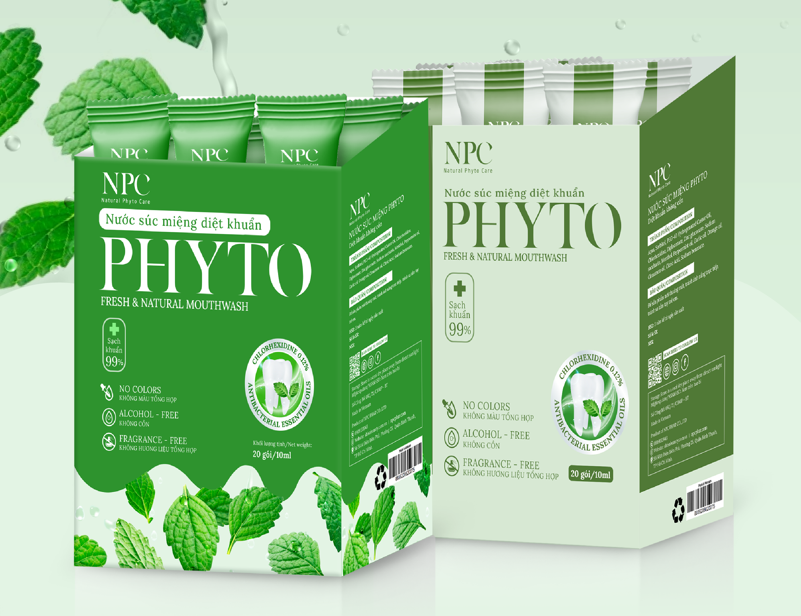 Nước súc miệng Phyto làm sạch khoang miệng 99.9%, tinh dầu thiên nhiên - Hộp 20 gói x 10ml/gói