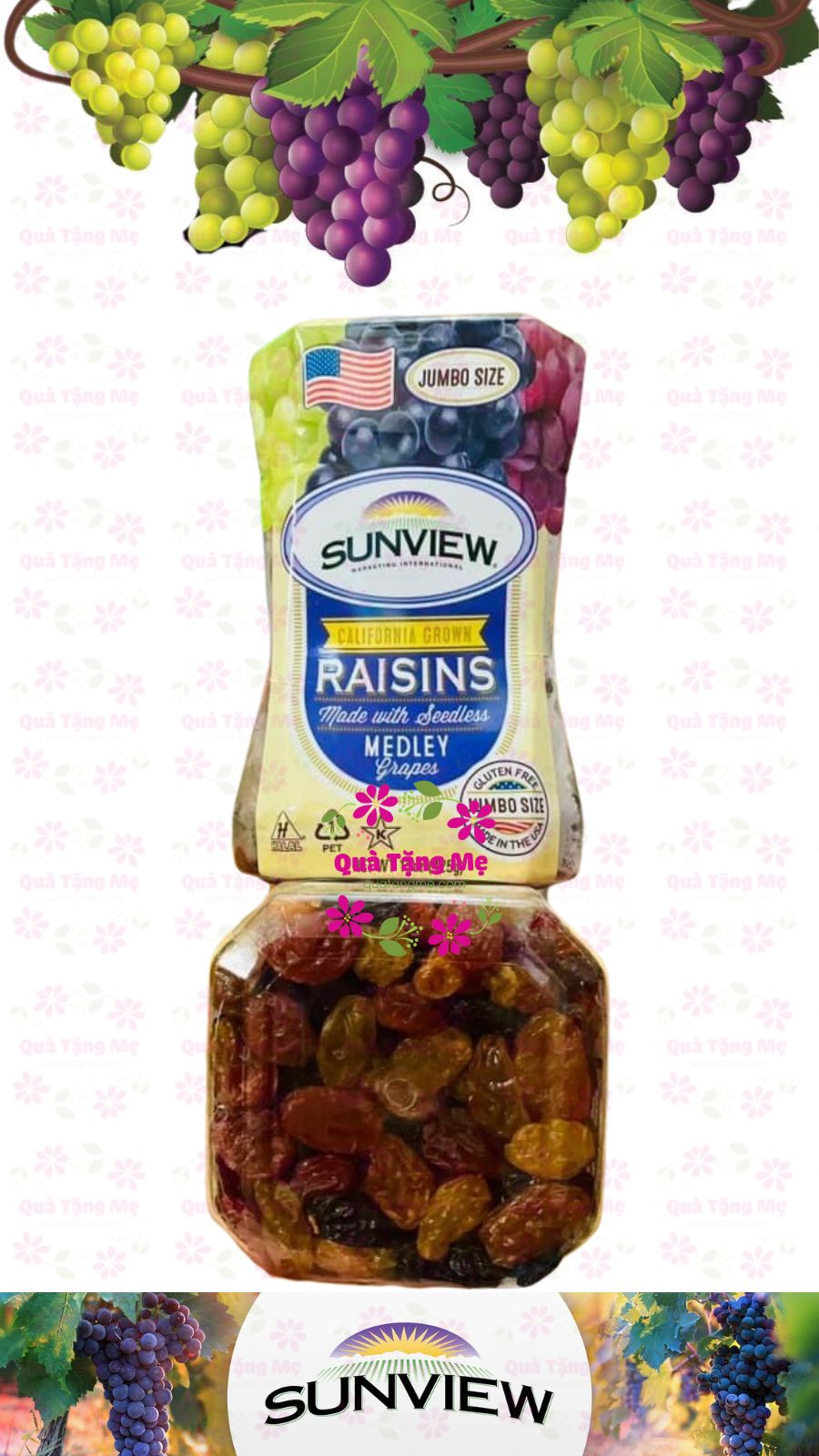 Quà Tết Nho khô Sunview Raisins Mỹ không hạt 3 màu giàu Vitamin khoáng chất, tốt cho tim mạch (425g/hộp) - QuaTangMe Extaste