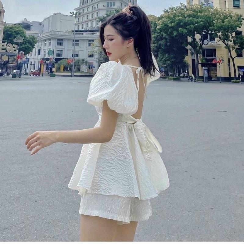 Sét Gấm Tay Bồng Nơ Sau Mix Quần Short Áo Cổ Vuông Bồng Siu Xinh Linh Dilys