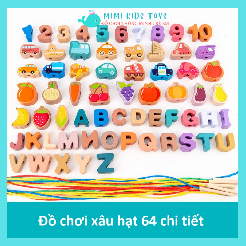 Đồ chơi xâu hạt gỗ 64 chi tiết nhiều chủ đề cho bé phát triển kỹ năng tư duy khéo léo - Đồ chơi thông minh cho bé