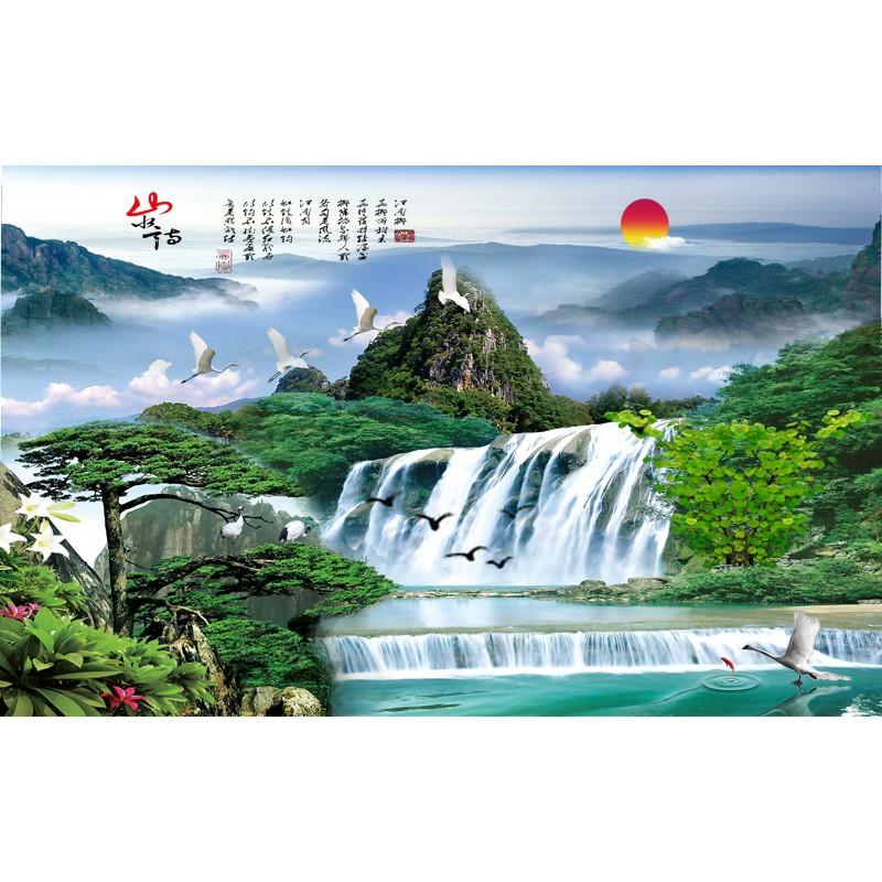 Tranh dán tường 3D thác nước - vải lụa phủ kim sa