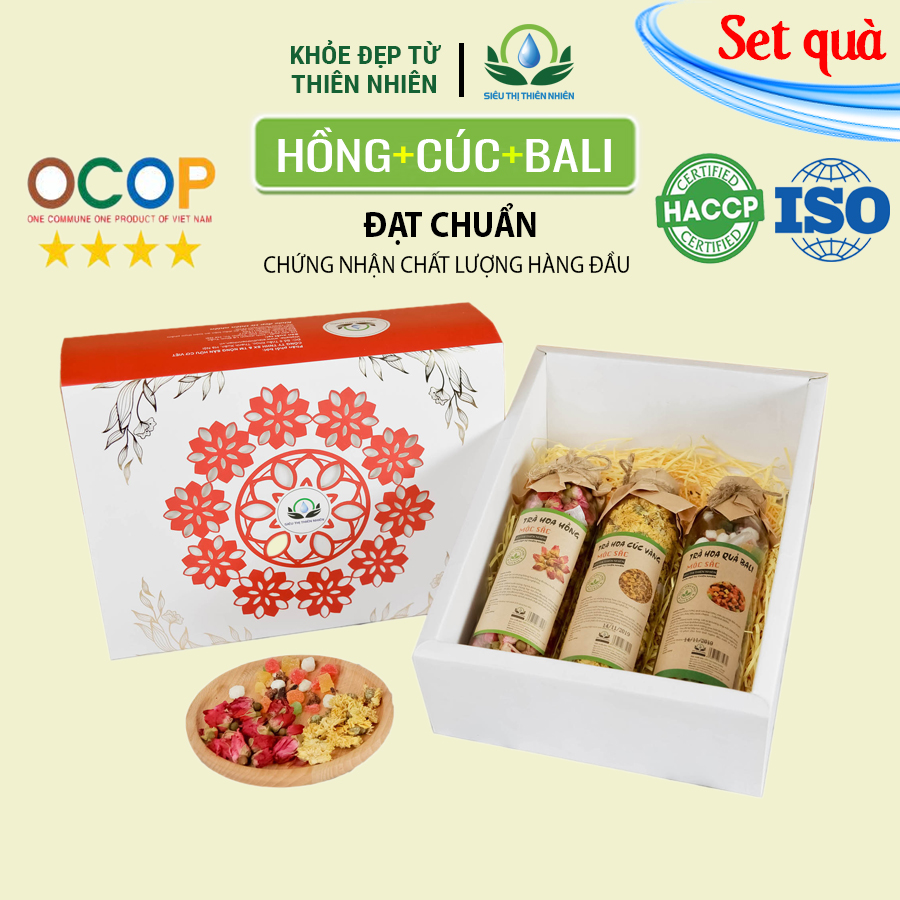 Hộp quà tặng trà hoa cao cấp - Set 17: Trà hoa hồng, Cúc vàng to, Hoa quả bali