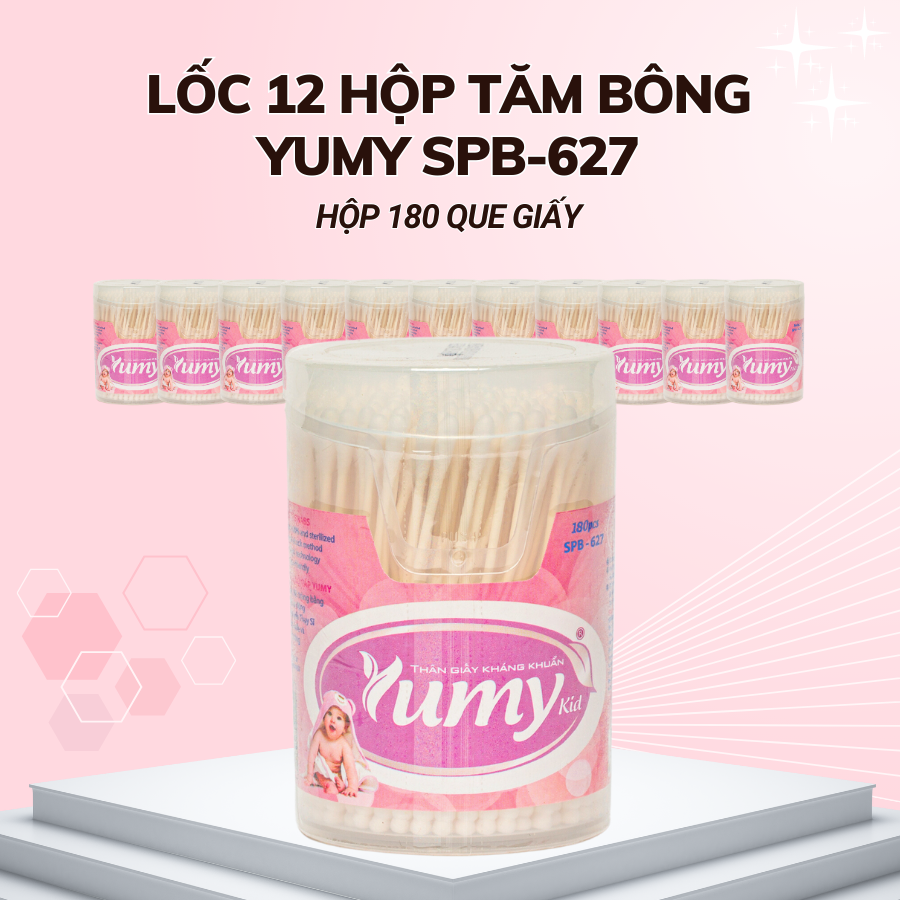Lốc 12 hộp Tăm bông Yumy trẻ em thân giấy hộp vát 180 que SPB-627