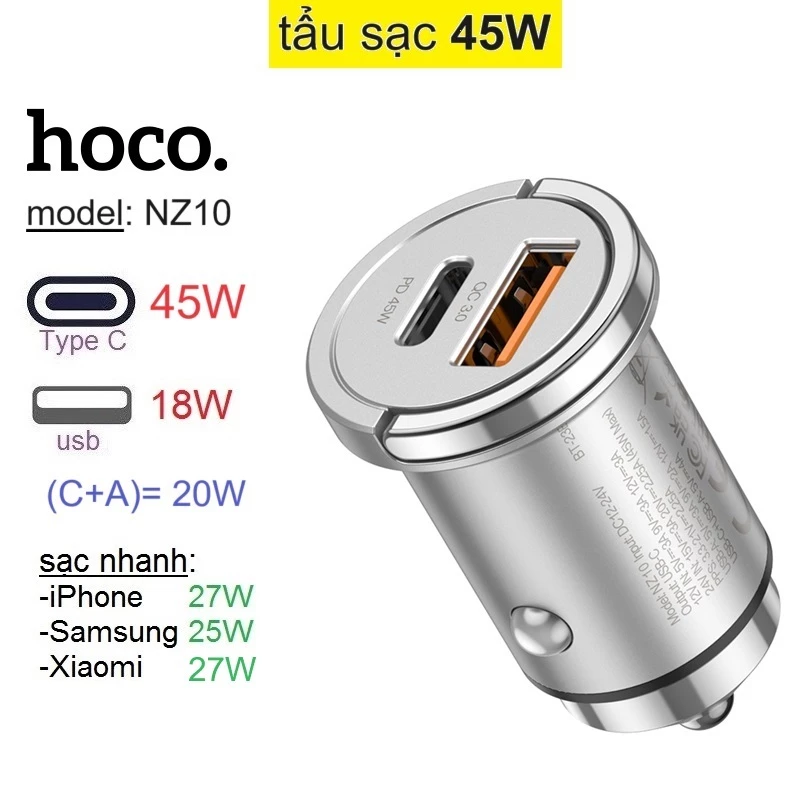 Tẩu sạc 45W 2 cổng (Type C + USB) sạc nhanh cho điện thoại Samsung/ iP/ Xiaomi Hoco NZ10 _ Hàng chính hãng