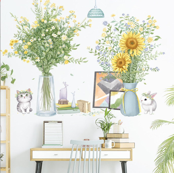 Decal trang trí tường - Bình hoa cỏ dại và hoa hướng dương